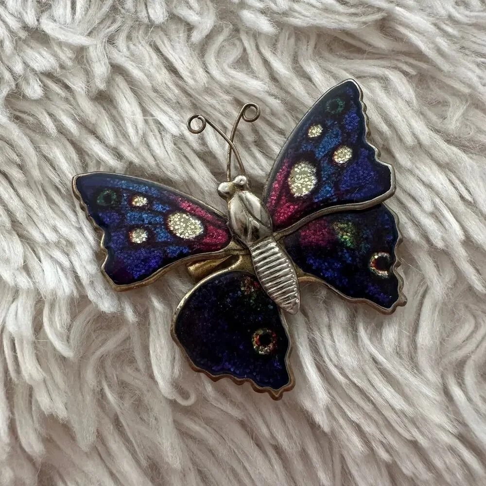 Vintage rainbow glitter butterfly pin, butterfly brooch, purple butterfly pin